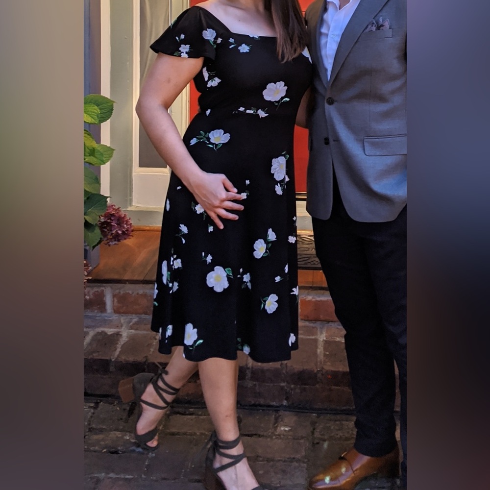 LOFT Black and White Midi Dress with Classic Style